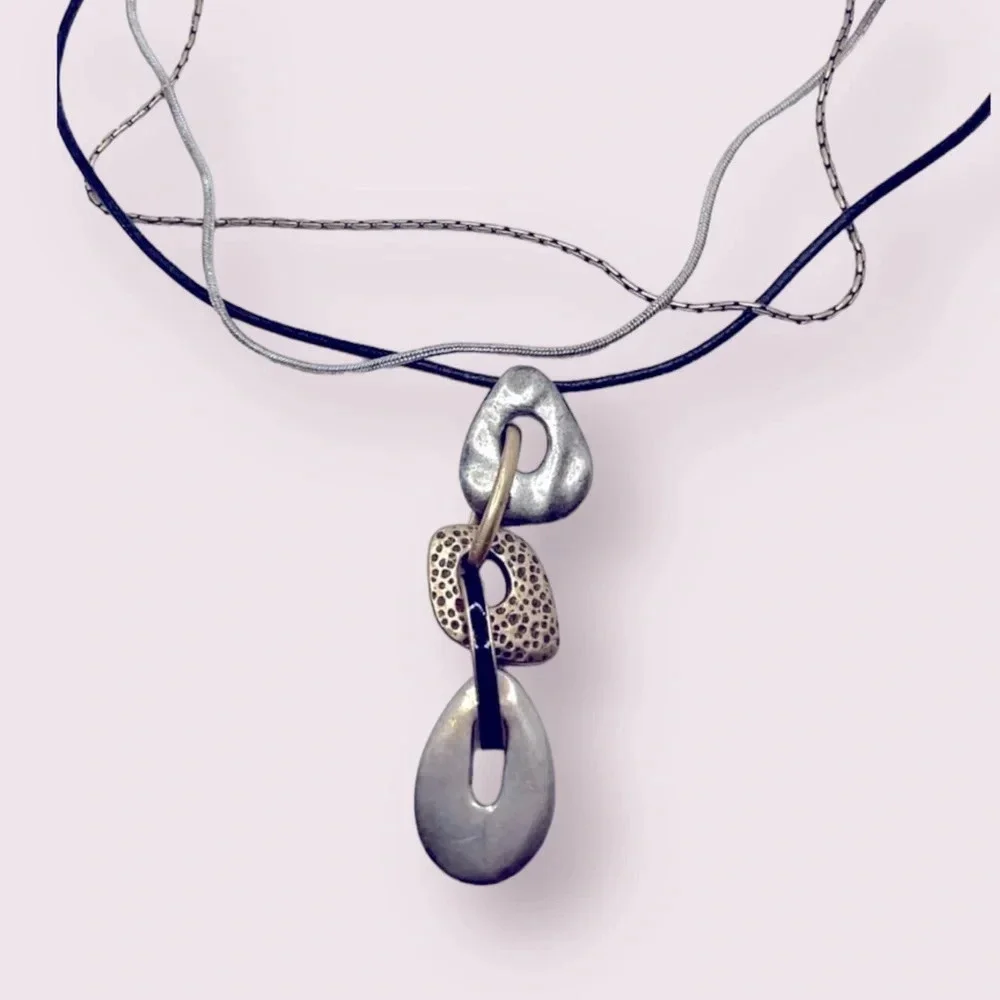 Chicos Leather Multistrand Hammered Silver Gold Tone Abstract Necklace 9$